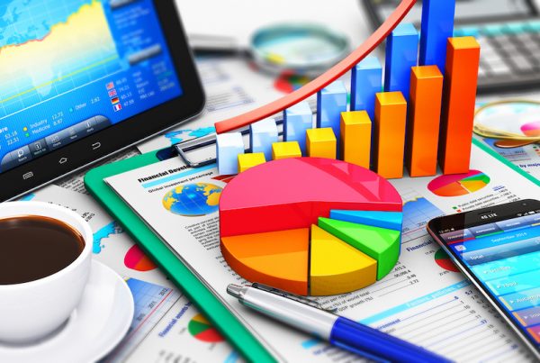 3D render illustration of the macro view of modern tablet computer PC and black glossy touchscreen smartphone or mobile phone with stock market application software, growth bar chart and pie diagram